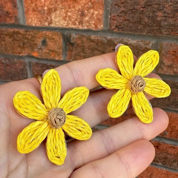 Bohemian Sunflower Sky Boho Raffia Flower Earrings - Picture 9 of 10